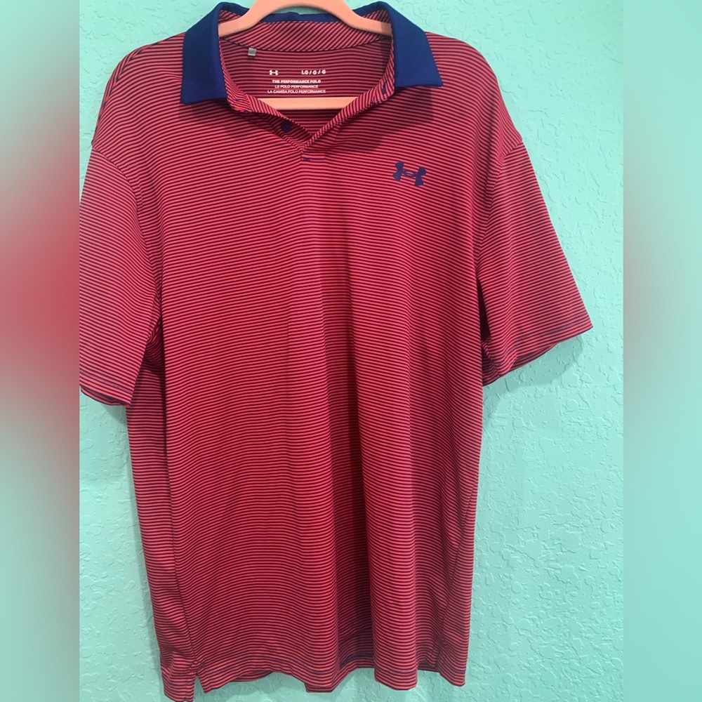 Under Armour Men's Red Navy Striped Polo Shirt L Performance golf preppy UsA
